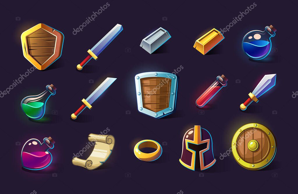 Set of vector icons, objects, things, item. Game concept and design. Design element. Magical magic. Game assets and tile. Fantasy, fiction style.