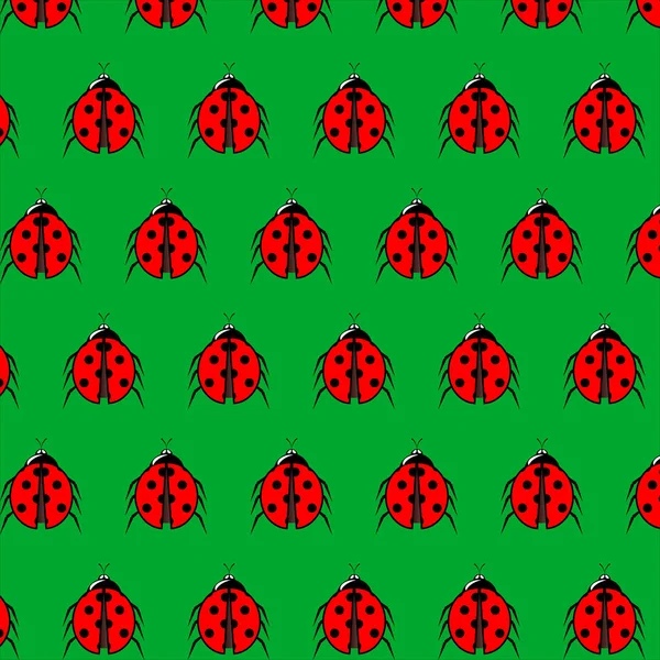 Lieveheersbeestje vector patroon met groene achtergrond. Eindeloze textuur kan worden gebruikt voor behang, afdrukken op textiel, papier, scrapbooking — Stockvector