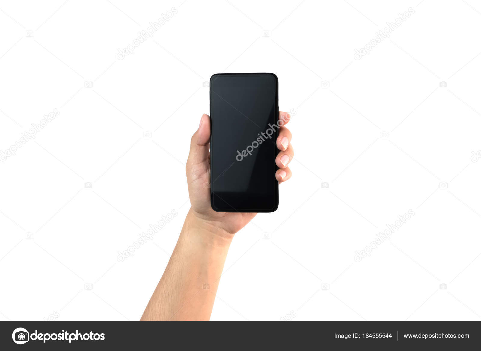 Рука держит черный смартфон на изолированном белом фоне стоковое фото  ©Ukimurakung 184555544