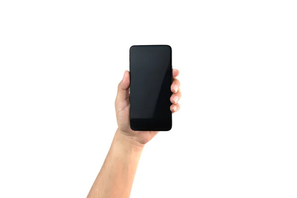 Hand med svart smartphone på isolerade vit bakgrund — Stockfoto