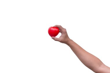Mini kırmızı kalp izole beyaz arka plan üzerinde tutan el