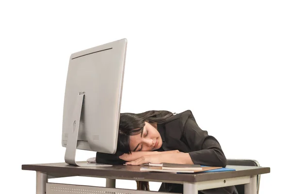 Geschäftsfrau macht ein Nickerchen auf ihrem Schreibtisch in der Arbeitszeit, Geschäft — Stockfoto