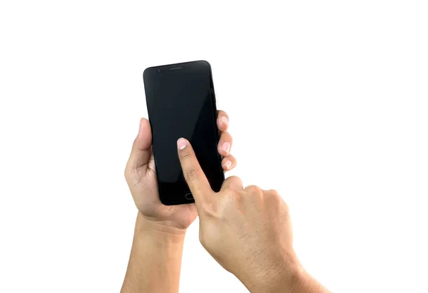 Manlig hand hålla smartphone och trycka på skärmen, isolerade w — Stockfoto