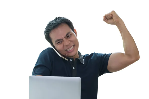 Arama Laptop Arıyorum Arasında Başarı Kutluyor Adam Ifade Stok Fotoğraf