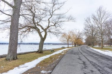 Ağaçlı güzel kış karı. Kış yolu karla kaplı..