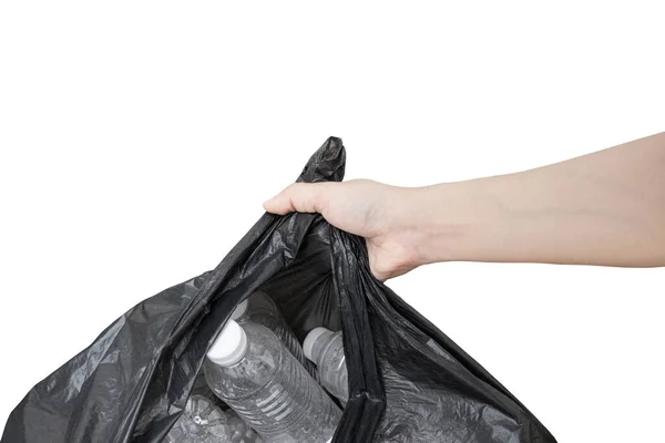 Hand Woman Holding Garbage Bag Waste Recycling White Background Clipping — Stock Photo, Image