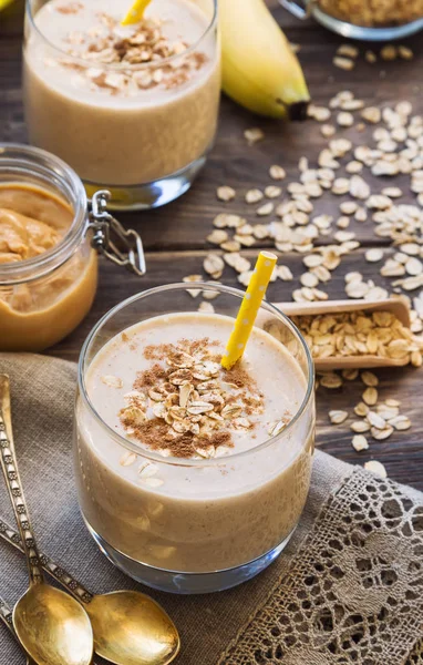 Nutritional smoothie with banana, oat flakes and peanut butter