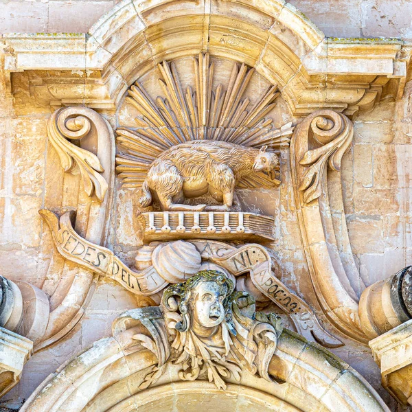 Modica (Sicily): detail of the bas-reliefs placed on the facades of the Baroque churches
