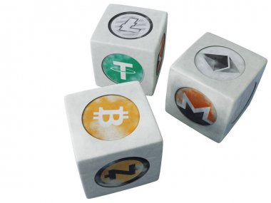 Sembolleri vintage cryptocurrency zarlarla oyun. İzole o