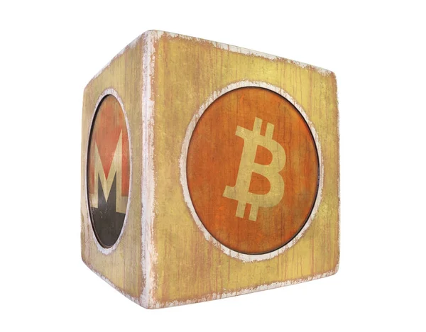 Винтажный куб с изображением криптовалюты. Изолированный объект . — стоковое фото