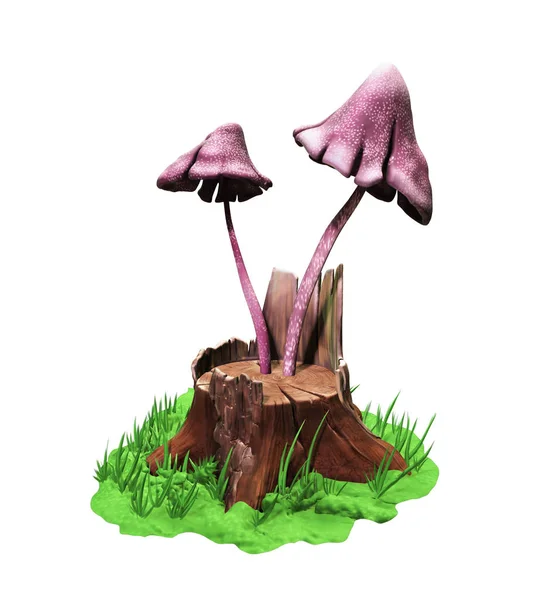 Cartoon mushrooms on the old stump. — Stock Photo, Image