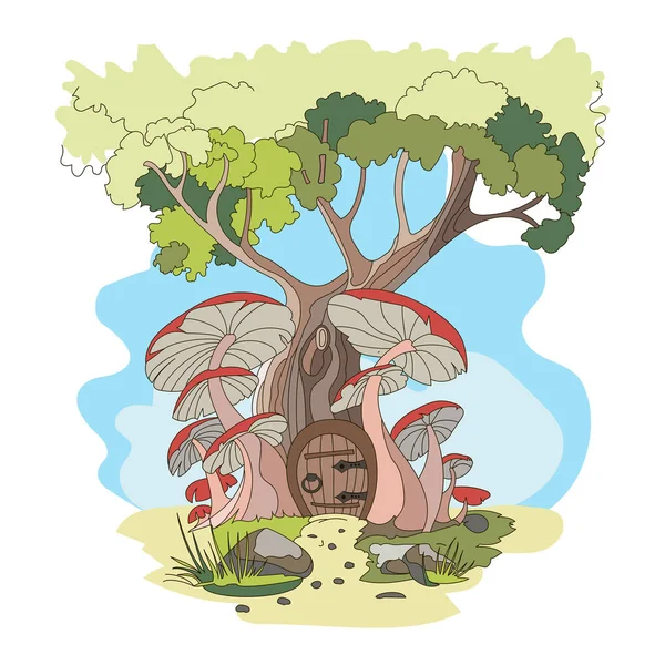 Tecknad hus i ett träd och med röda svampar runt. — Stock vektor