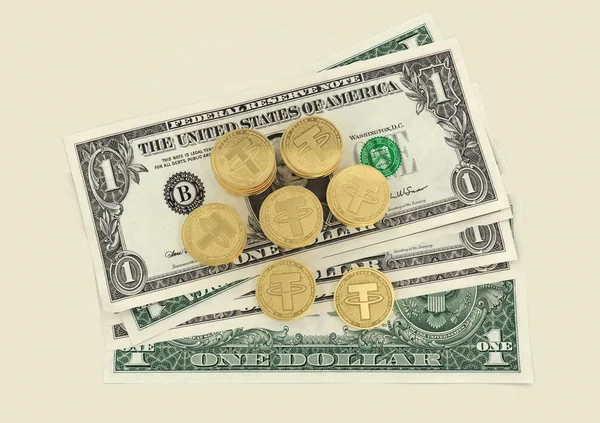 Tether. Cryptocurrency Gold coins. Cryptocurrency mining. — Stock Photo, Image