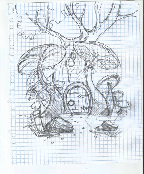 Casa Desenhos Animados Uma Árvore Com Cogumelos Vermelhos Volta — Fotografia de Stock