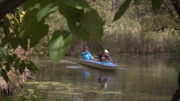 Mädchen schwimmen im Kajak auf dem Waldfluss — Stockvideo