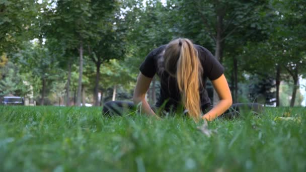 Jeune fille faisant du yoga assis sur l'herbe — Video