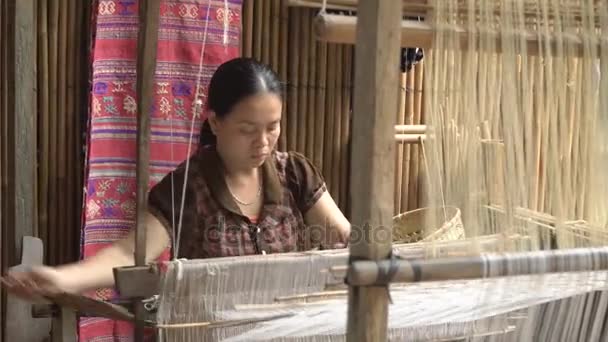 Woman working with a waist loom — Stock Video
