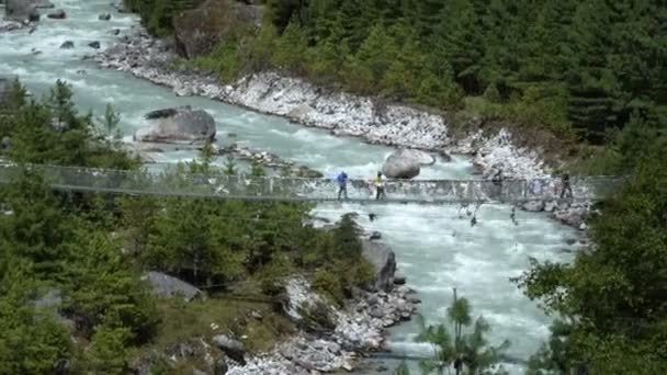 Grupo de excursionistas cruzan puente colgante . — Vídeos de Stock