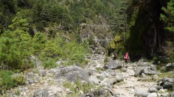 Turistas com mochilas nas montanhas do Nepal — Vídeo de Stock