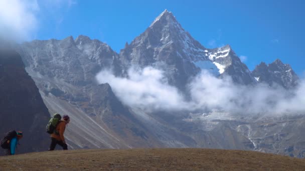 Les randonneurs voyagent dans les montagnes de l'Himalaya — Video