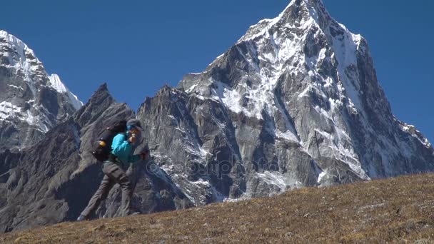 Backpackers climb in the mountains — Stock Video