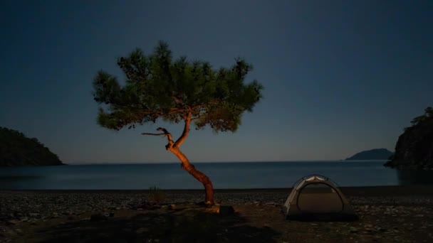 Ночью кемпинг у моря — стоковое видео