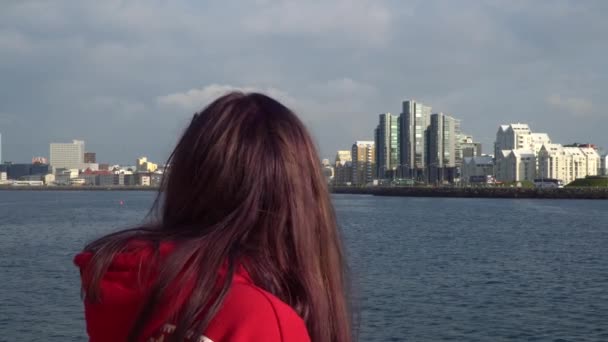 A girl with long hair looks at Reykjavik and the sea — ストック動画