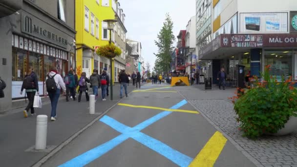 Laugavegur步行街，一条有许多商店和餐馆的人行横道 — 图库视频影像
