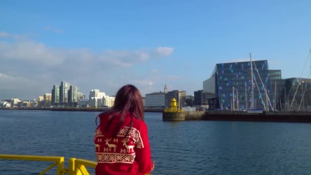 Una chica con el pelo largo mira a Reykjavik y el mar — Vídeos de Stock