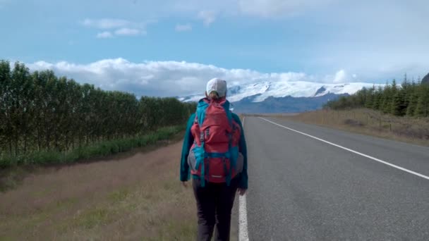 Kobieta podróżnik z plecakiem jest na asfaltowej drodze — Wideo stockowe