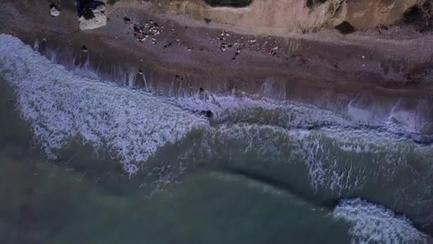 Aerial top view waves break on beach — Stock Video