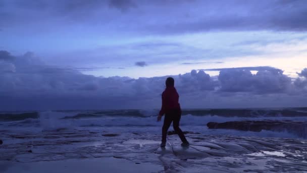 Chica en la orilla del mar contra el telón de fondo de las olas de tormenta — Vídeos de Stock