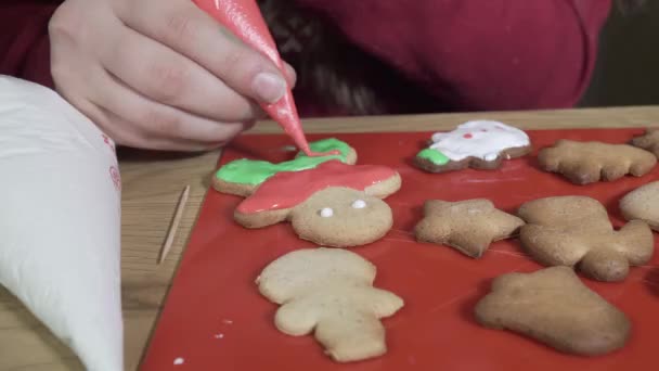 Uma criança pinta biscoitos de Natal — Vídeo de Stock