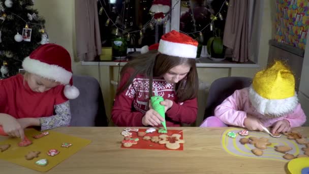 Τα παιδιά διακοσμούν χριστουγεννιάτικα μπισκότα — Αρχείο Βίντεο