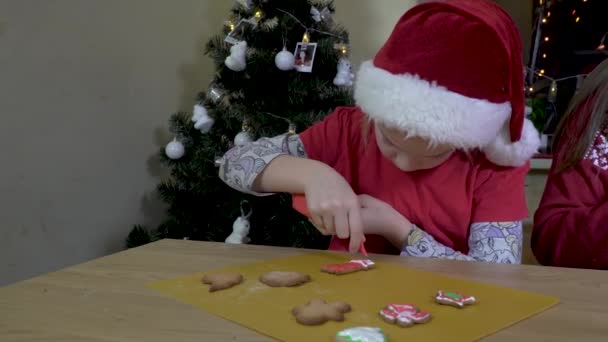Girl paints Christmas cookies. — Stock Video