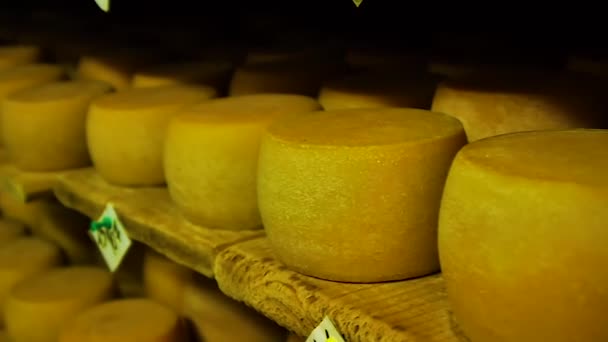 De kaas wordt op houten planken opgeslagen en voor rijping achtergelaten. — Stockvideo