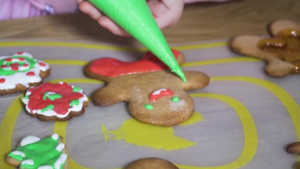 Child paints Christmas cookies. — Stock Video