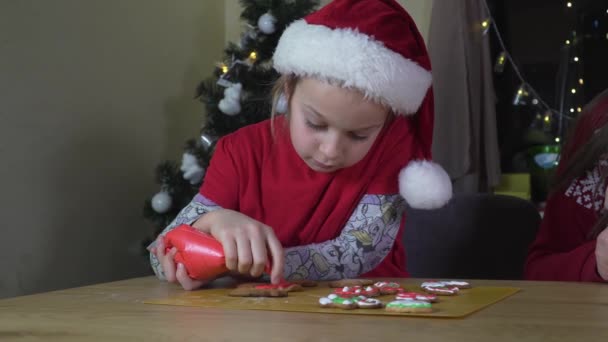 Child paints Christmas cookies. — 비디오