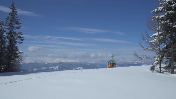 Seorang pria dengan ransel perjalanan di pegunungan di musim dingin — Stok Video