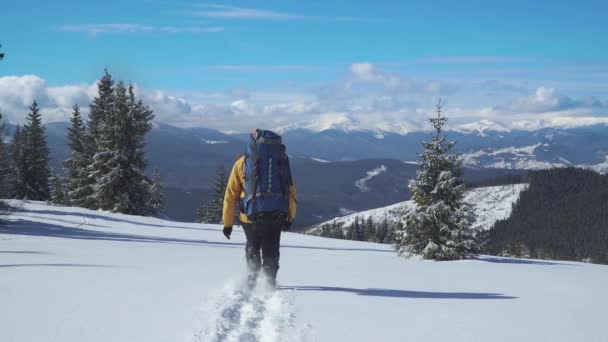 Um homem com uma mochila viaja nas montanhas no inverno — Vídeo de Stock