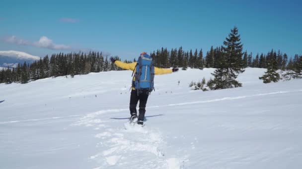 Um homem com uma mochila viaja nas montanhas no inverno — Vídeo de Stock