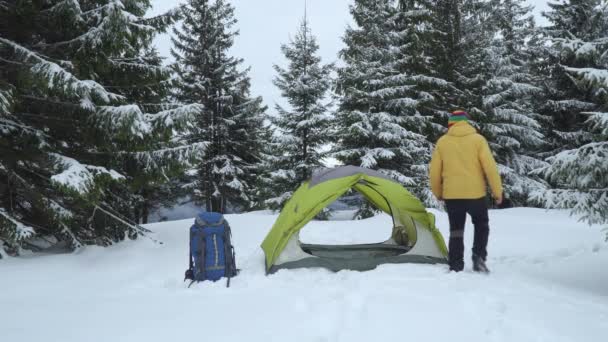 Podróżnik w pobliżu namiotu — Wideo stockowe