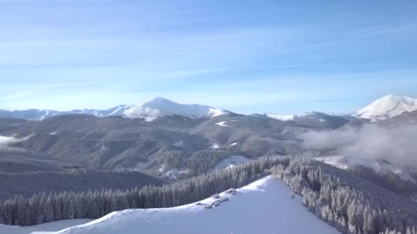 Survol du village de berger et de la forêt d'hiver — Video