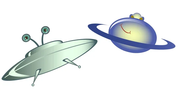 Эмодзи. Смешные смайлики в виде НЛО и планеты на белом фоне. Векторная иллюстрация EPS10 — стоковый вектор