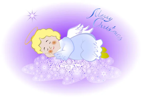Funny stylized decorative sleeping angel in the sky on a cloud of snowflakes and star. EPS10 vector illustration — Stock Vector