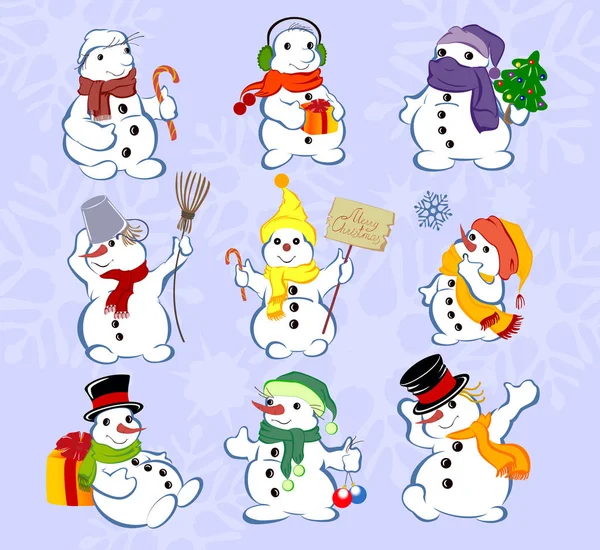 Set of winter holidays snowman on blue background. EPS10 vector illustration — Stock Vector
