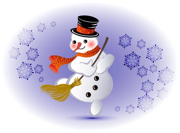 Dancing snowman with broom and snowflakes. EPS10 vector illustration — Stock Vector