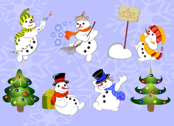 Conjunto de férias de inverno boneco de neve e árvore de Natal em fundo azul. Ilustração do vector EPS10 — Vetor de Stock