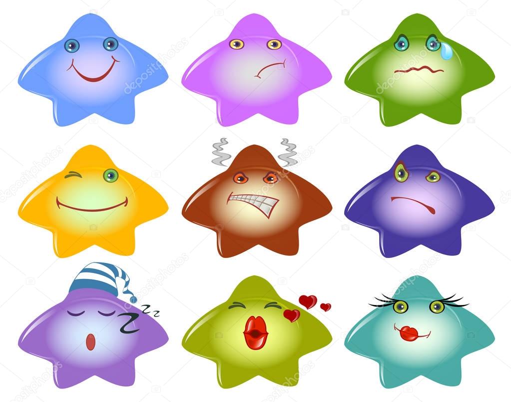 Set of funny smileys in the form stars on white background. Emotions and mood. EPS10 vector illustration