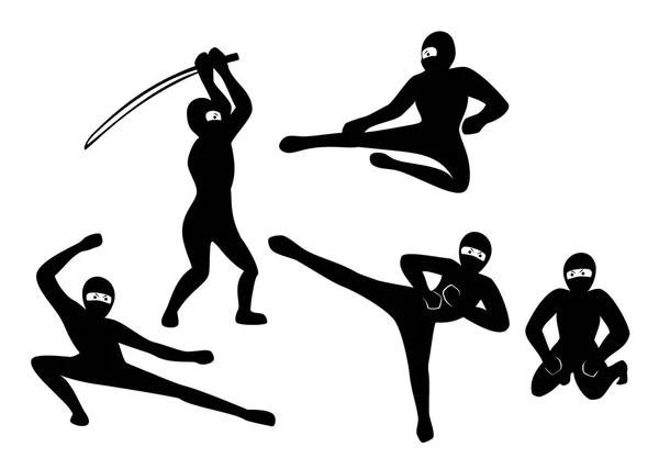 Conjunto de ninjas silueta negra sobre fondo blanco. Ilustración vectorial EPS10 — Archivo Imágenes Vectoriales